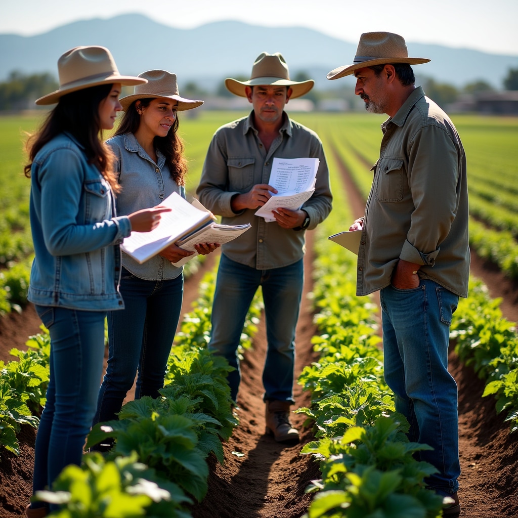 Agricultural cooperative members examining crops in field while holding notebooks and discussing harvest planning under afternoon sun