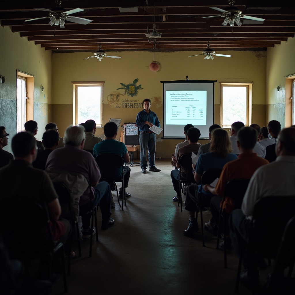 Board member presenting financial report to cooperative assembly with projected documents while members review printed summaries