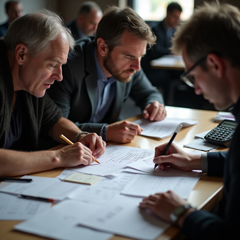 Board members of rural cooperative engaged in planning session with financial documents spread across table in modest office setting