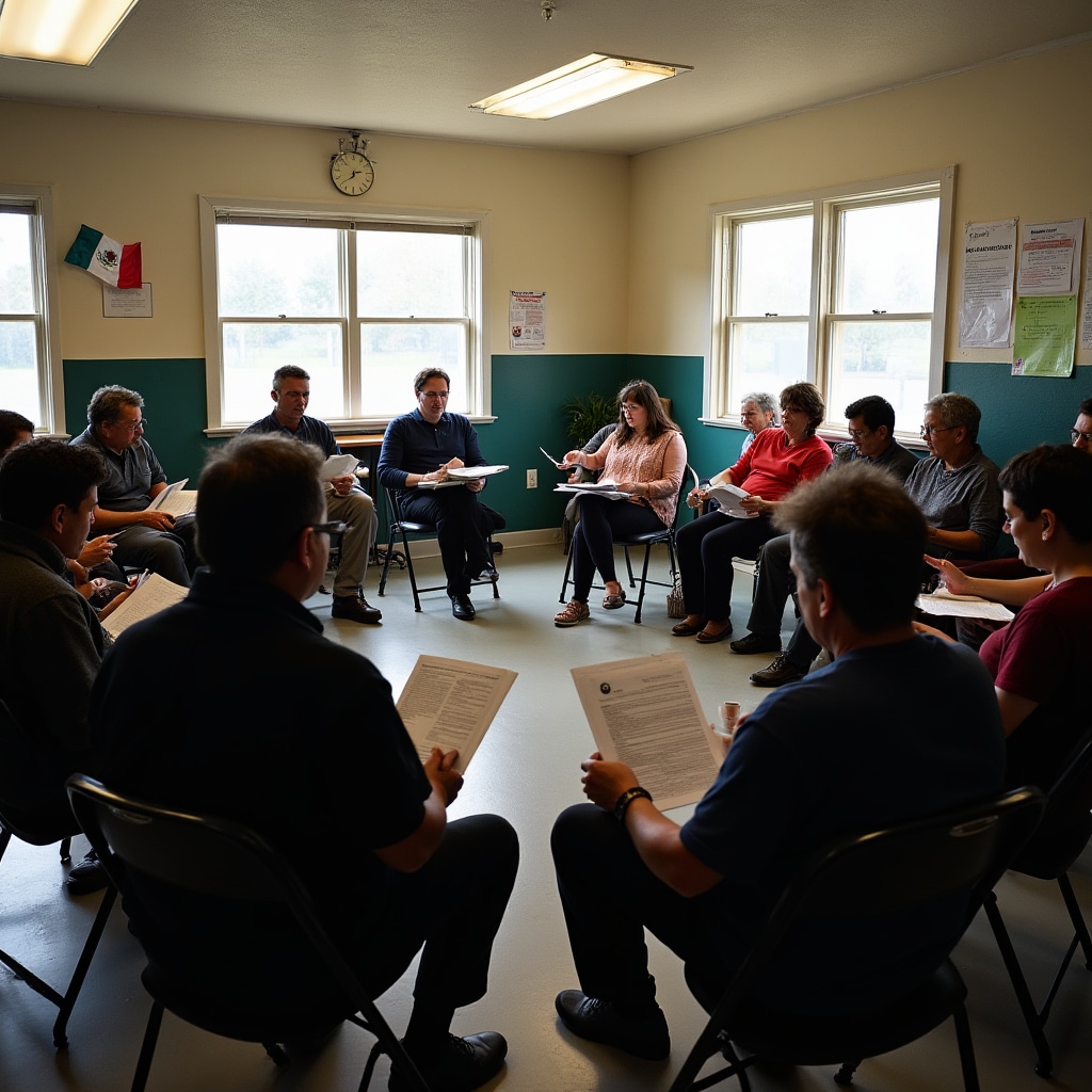 Community organization members gathered around table reviewing financial documents in meeting room with natural lighting