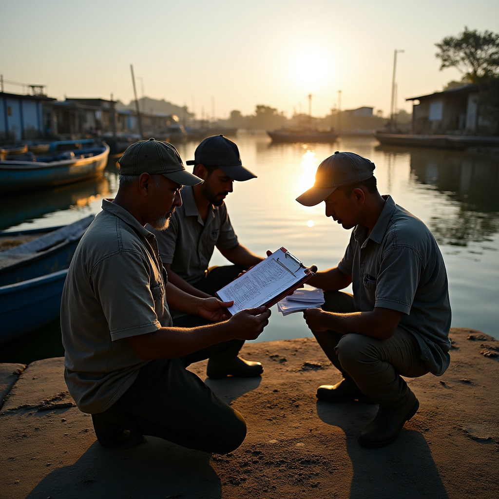 Fishing cooperative members reviewing documents at harbor dock with boats in background during early morning