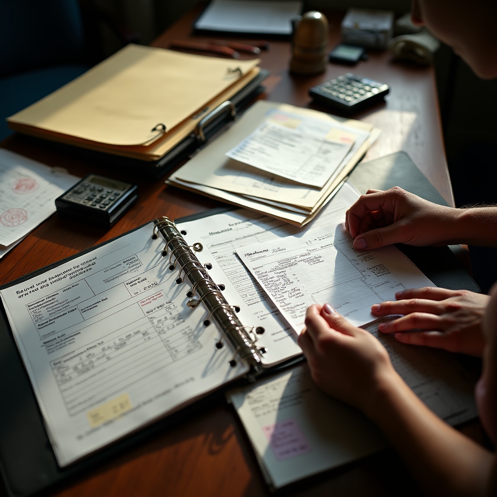 Cooperative treasurer organizing receipts and documentation for government program funds with forms and filing system on desk