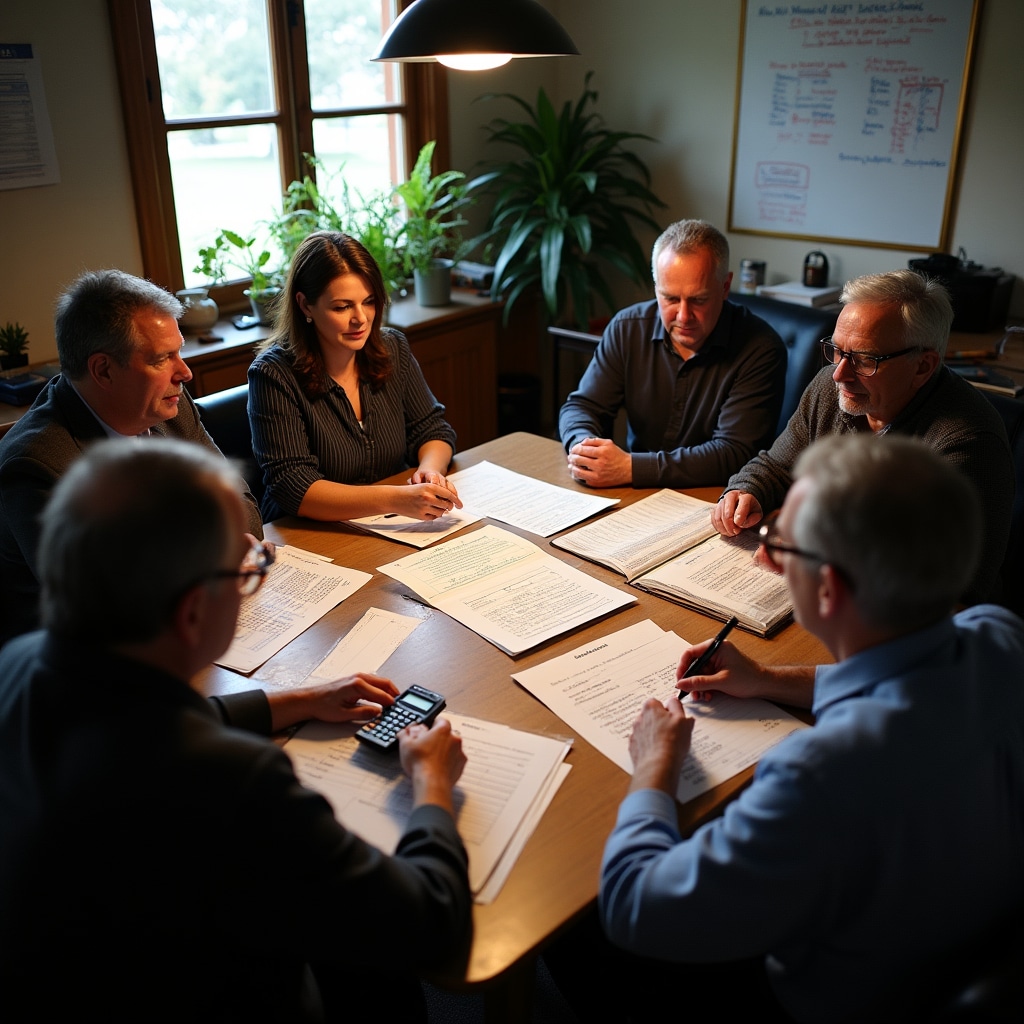 Cooperative committee members discussing reserve fund policies around table with financial projections and savings plan documents