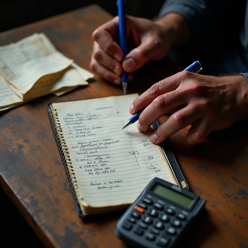 Close-up of hands writing financial entries in a ledger notebook with calculator and receipts on wooden table