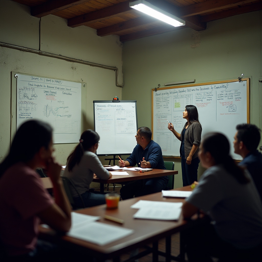 Workshop facilitator teaching financial record-keeping to cooperative board members in classroom setting with whiteboard and practical examples